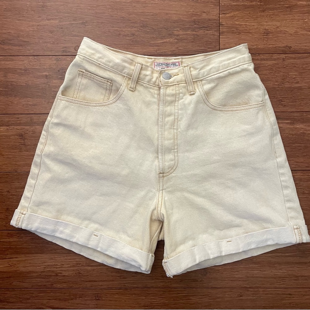 Vintage Guess Marciano cream high rise button fly denim shorts yellow acid wash